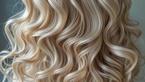 Balayage hair extensions featuring a mix of icy and golden blonde tones, styled in loose, flowing curls.