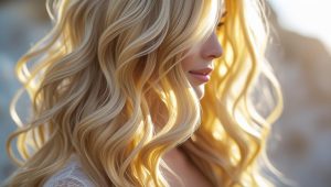 Golden blonde hair extensions styled in beach waves, giving a natural sunlit effect.