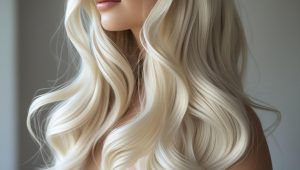 Icy blonde hair extensions styled in loose waves, showcasing a striking platinum finish.